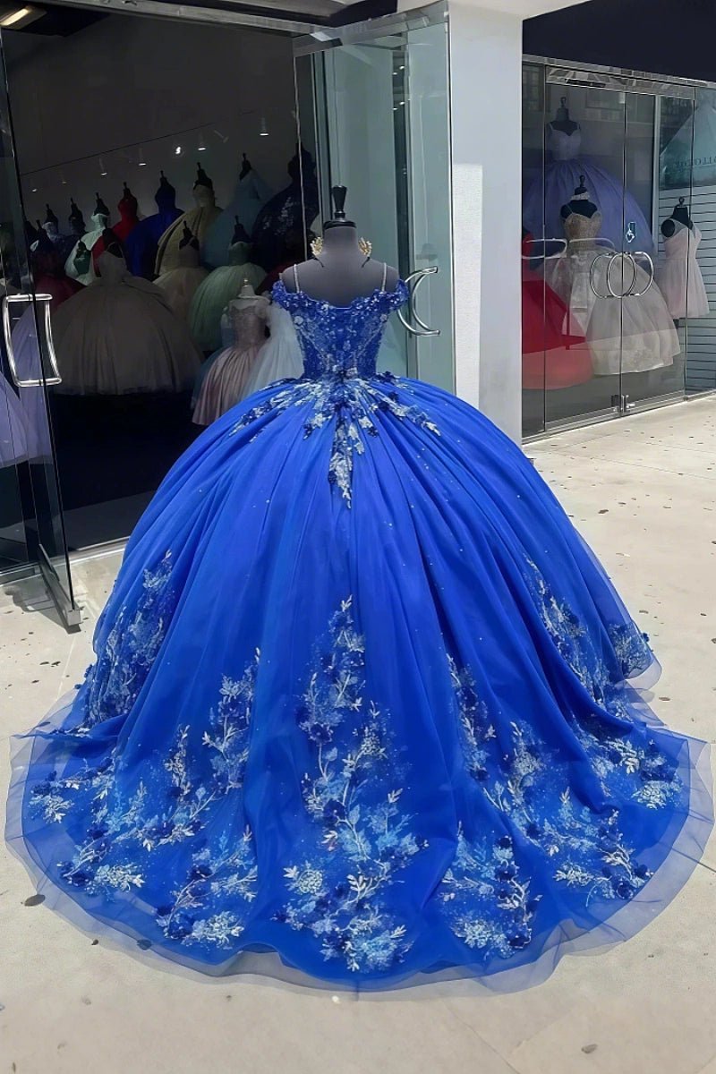 Elodie | Gorgeous Royal Blue Flower Corset Quinceanera Dresses Off the Shoulder - Royal Blue - PromDressClub
