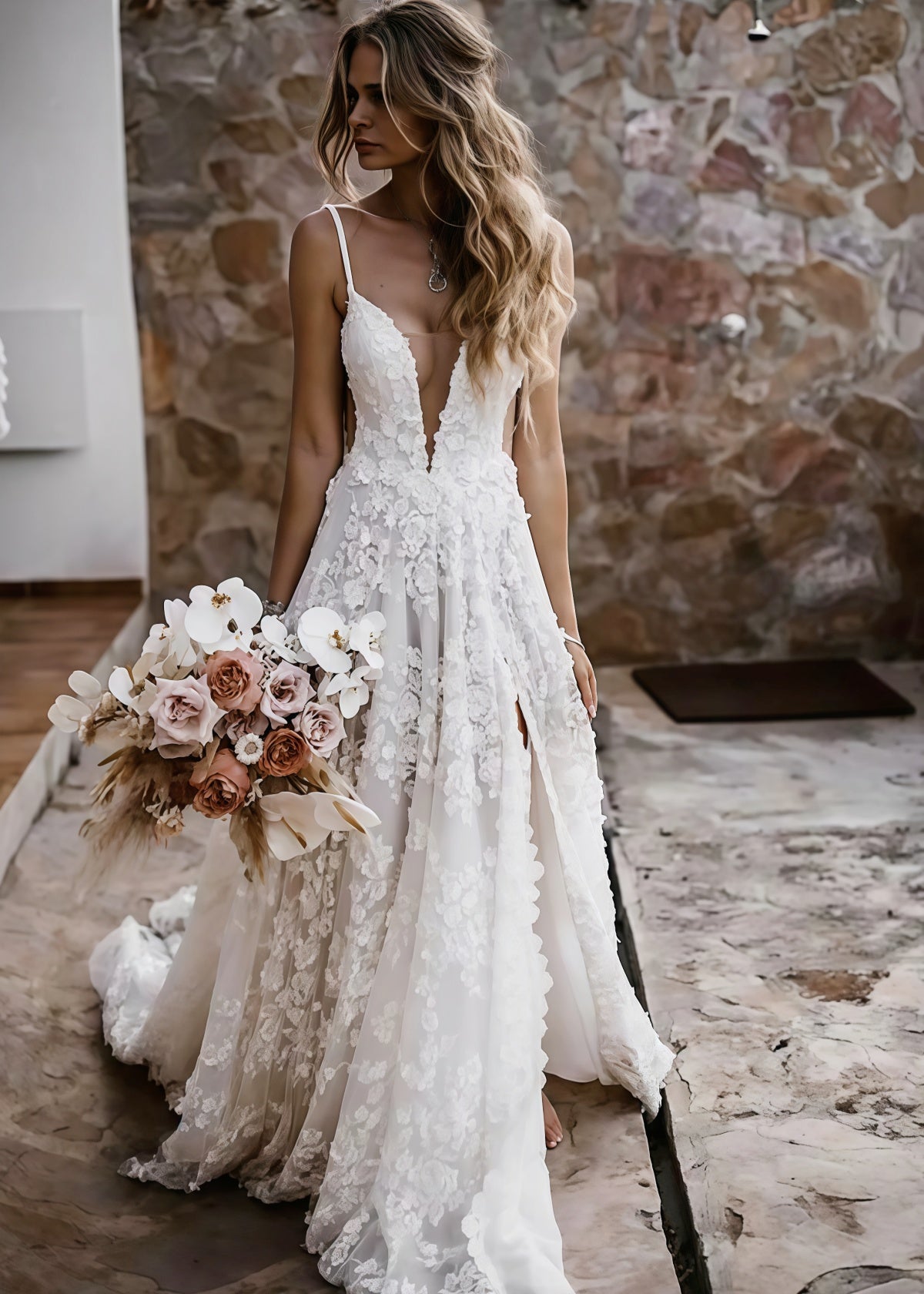 Elsie | Boho Spaghetti Straps A Line Appliques Lace White Wedding Dress Train with Slit - White - PROMDRESS Club