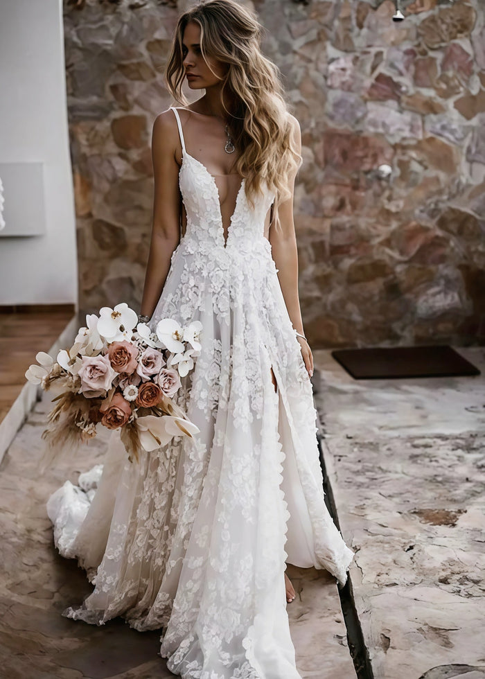 Elsie | Boho Spaghetti Straps A Line Appliques Lace White Wedding Dress Train with Slit - Price #price_variant_lowest# - White - PromDressClub
