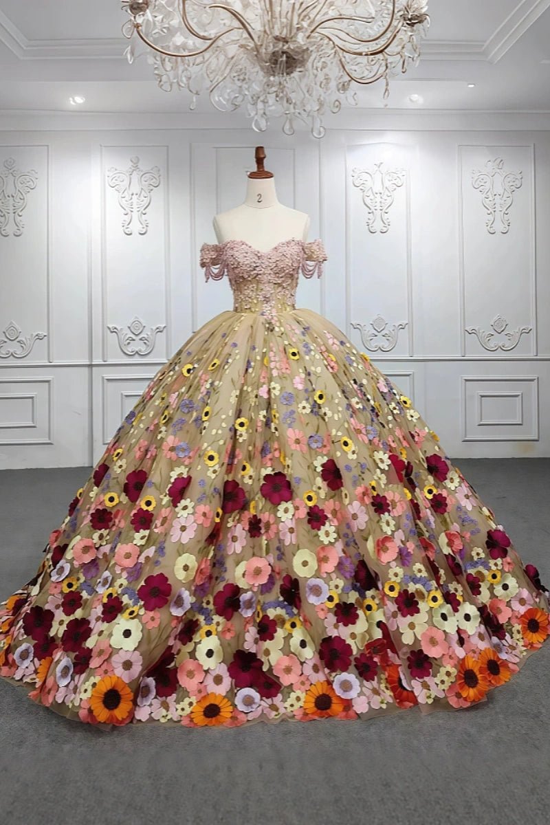 Elsie | Stunning Champagne Beaded 3D Flower Quinceanera Dresses for Special Occasions - Champagne - PromDressClub