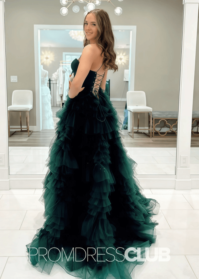Elvira |A Line Dark Green Prom Dresses Long Sweetheart Tulle Tiered Corset - Dark Green - PromDressClub