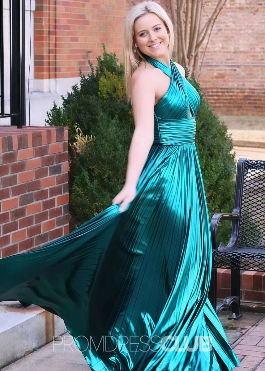Elvira |Long Emerald Green Prom Dress Metallic With Halter Neck A Line Pleated Criss Slit - Emerald Green - PromDressClub