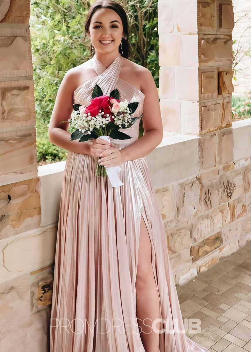 Elvira |Long Emerald Green Prom Dress Metallic With Halter Neck A Line Pleated Criss Slit - Gold - PromDressClub