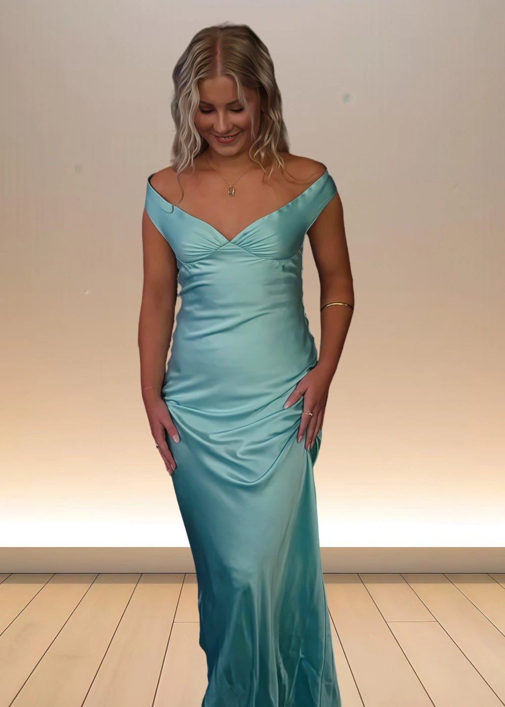 Emilia | Stunning Yellow Off The Shoulder Satin Pleated Prom Dress – Shine Bright at Your Special Event - Aqua - PromDressClub