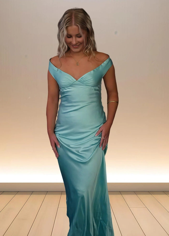 Emilia | Stunning Yellow Off The Shoulder Satin Pleated Prom Dress – Shine Bright at Your Special Event - Aqua - PromDressClub