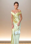 Emilia | Stunning Yellow Off The Shoulder Satin Pleated Prom Dress – Shine Bright at Your Special Event Color Yellow