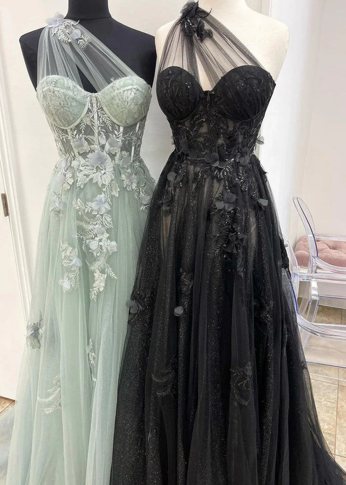Emily | Light Pink Black Lace A Line One Shoulder Tulle Prom Dress Split - Sage Green - PromDressClub