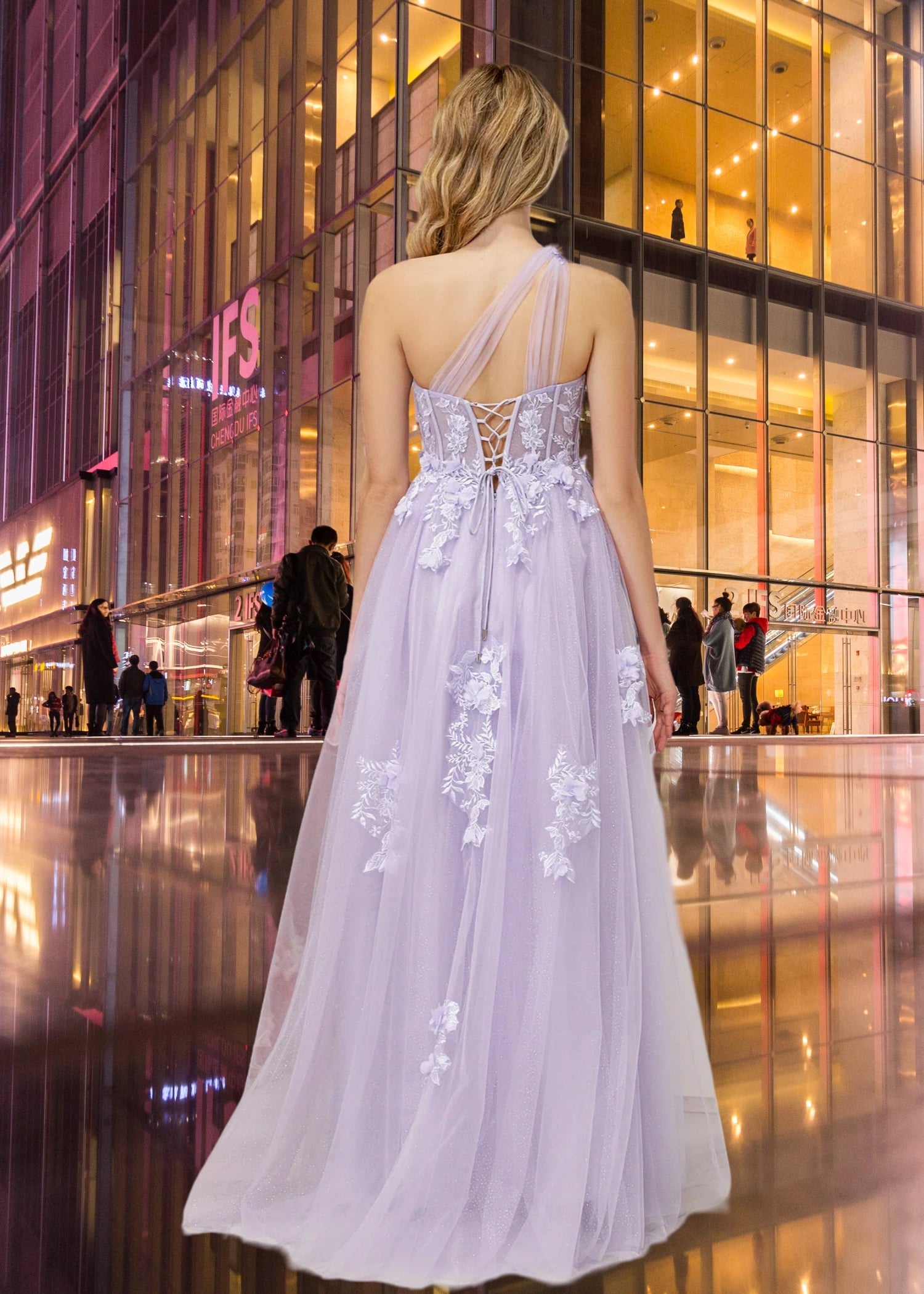 Emily |One Shoulder A Line Pink Lace Long Prom Dress with Appliques - Lavender - US0 - PromDressClub