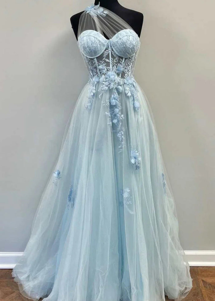 Emily | Light Pink Black Lace A Line One Shoulder Tulle Prom Dress Split - Lavender - PromDressClub