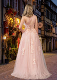 Emily |One Shoulder A Line Pink Lace Long Prom Dress with Appliques - Light Pink - US0 - PromDressClub