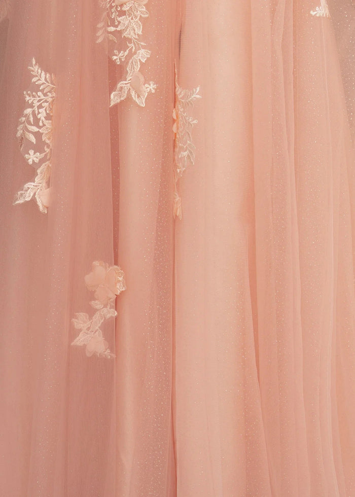 Emily | Light Pink Black Lace A Line One Shoulder Tulle Prom Dress Split - Light Pink - PromDressClub