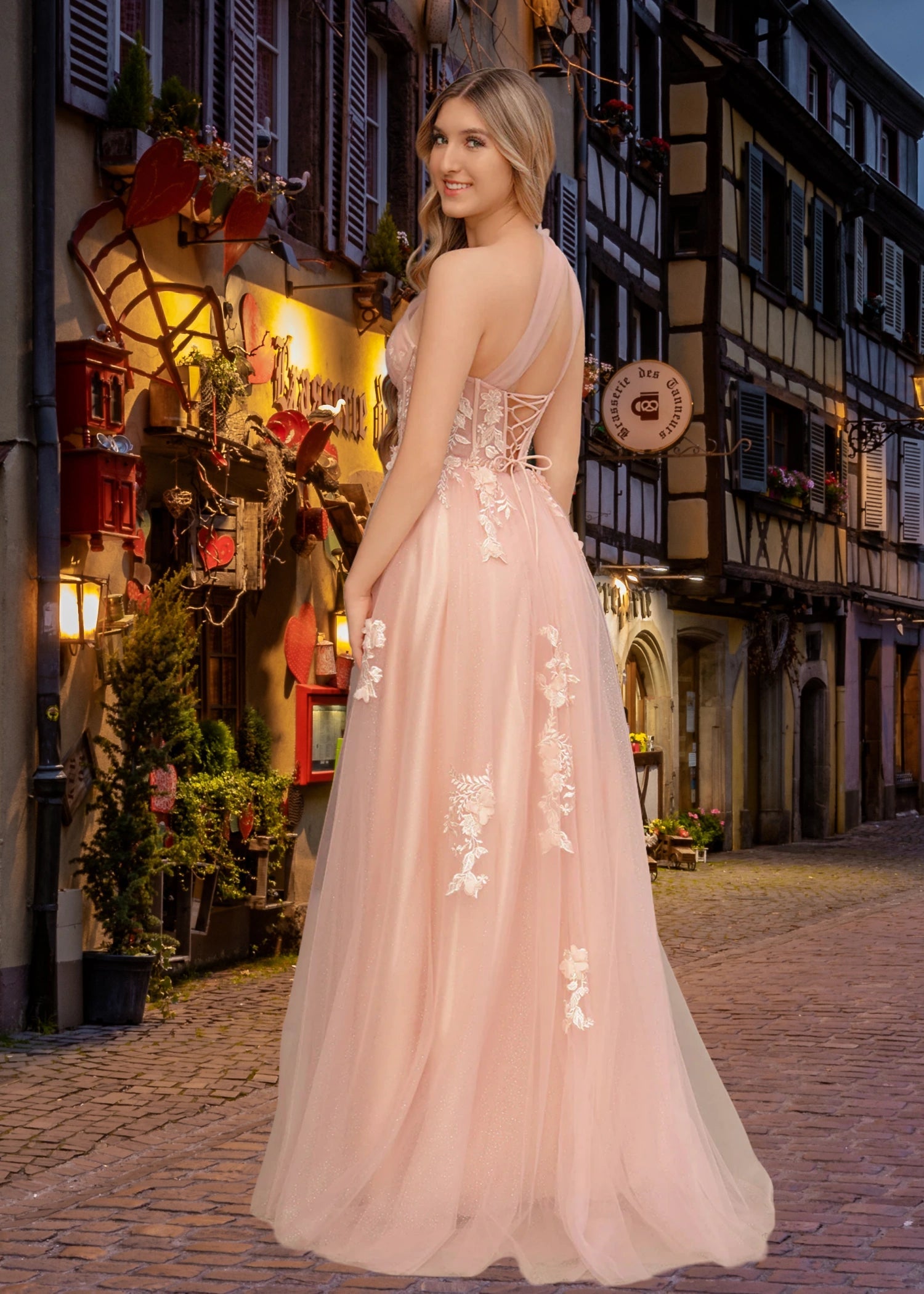 Emily |One Shoulder A Line Pink Lace Long Prom Dress with Appliques - Light Pink - US0 - PromDressClub