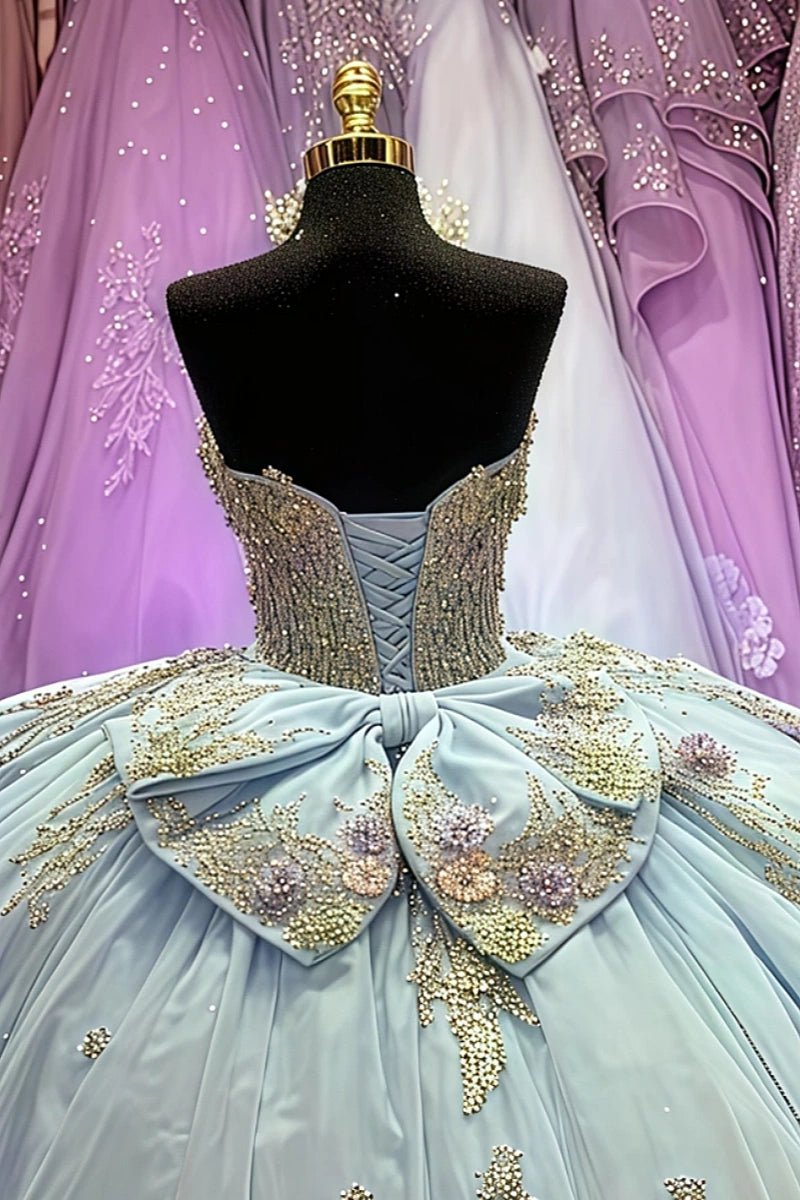 Emily | Stunning Unique Light Blue Beaded Quinceanera Dresses with Bow for Unforgettable Events - Light Blue - PromDressClub