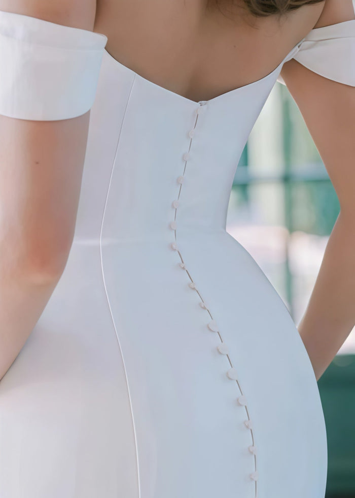 Emma | Modern Mermaid Off the Shoulder Backless Long White Chiffon Wedding Dress Train with Buttons - Price #price_variant_lowest# - White - PromDressClub