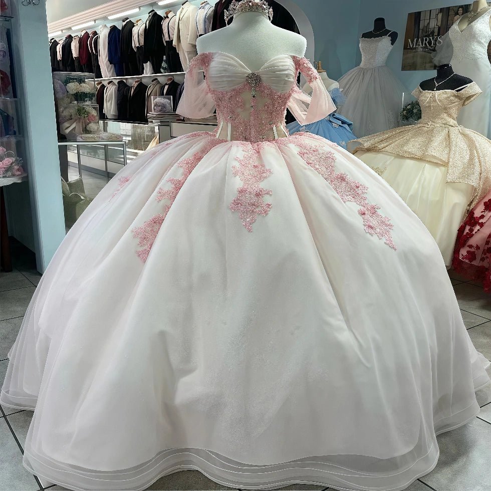 Emma | Stunning Elegant Light Pink Beaded Quinceanera Dresses Off the Shoulder - Light Pink - PromDressClub