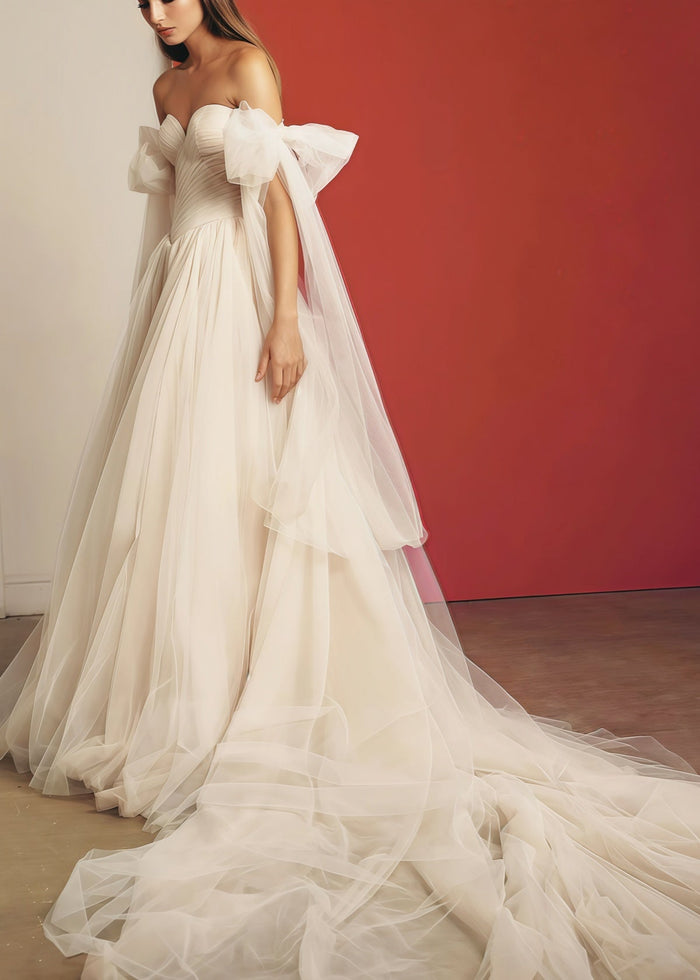 Enid | Glamorous Beach Off the Shoulder A Line Champagne Tulle Wedding Dress with Slit - Price #price_variant_lowest# - Champagne - PromDressClub