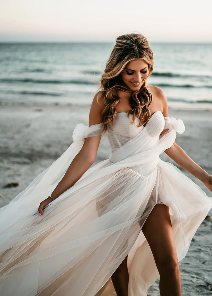 Enid | Glamorous Beach Off the Shoulder A Line Champagne Tulle Wedding Dress with Slit - Price #price_variant_lowest# - Champagne - PromDressClub