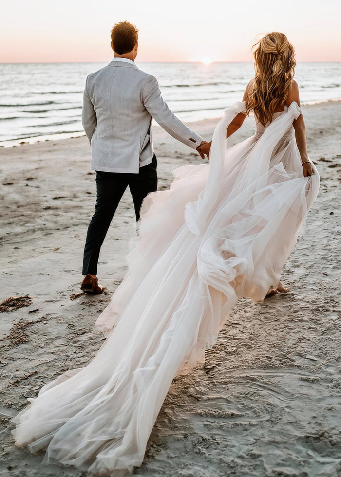 Enid | Glamorous Beach Off the Shoulder A Line Champagne Tulle Wedding Dress with Slit - Price #price_variant_lowest# - Champagne - PromDressClub