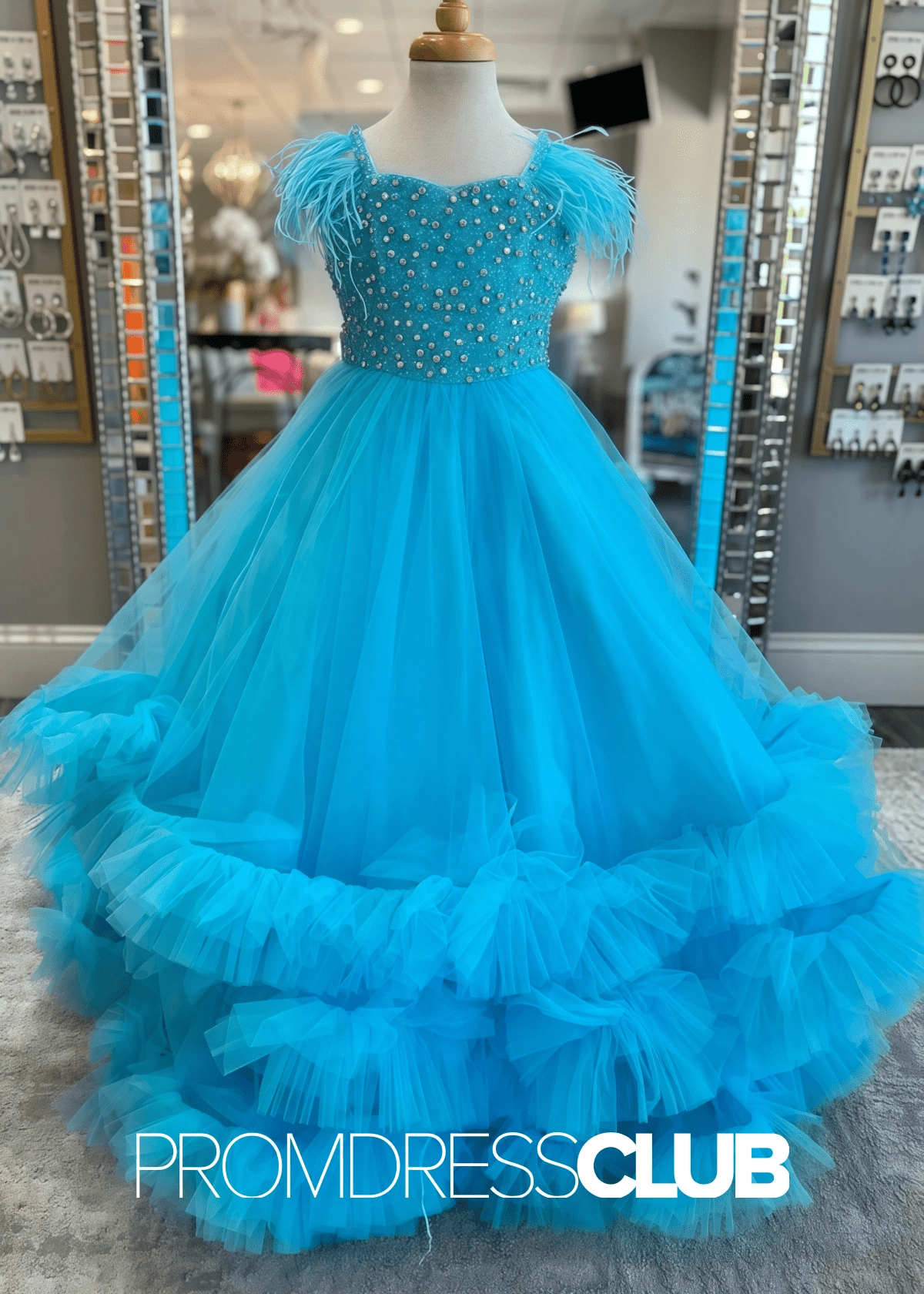 Enid | Multi - Layer Feathers White Pageant Dresses for Girls - Light Blue - PromDressClub