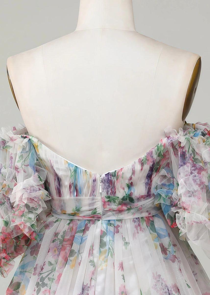 Erendira | Floral Homecoming Dresses: Stand Out with Ruffles and Off the Shoulder Design - White Floral - PromDressClub