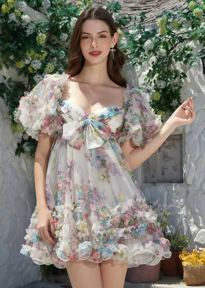 Ereshkigal | Dreamy Floral Homecoming Dress: Ruffles & Off the Shoulder Elegance - White Floral - PromDressClub