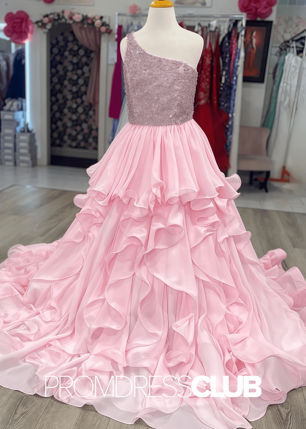 Erica | Beaded Ruffle Royal Blue Pageant Dresses for Girls - Pink - PromDressClub