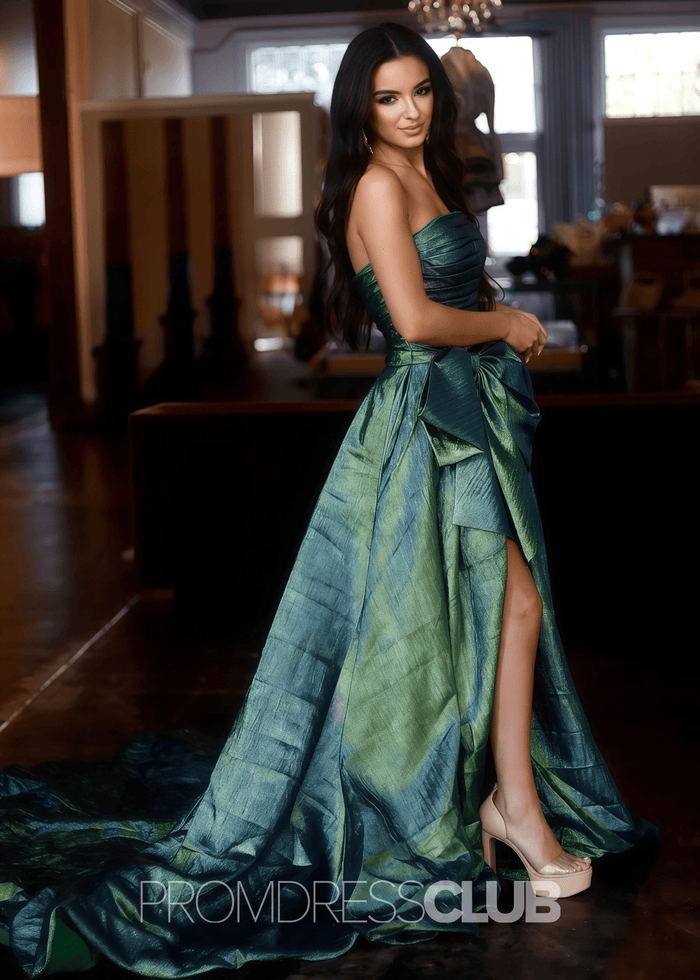 Erica |Long Royal Blue Prom Dress Metallic With A Line Strapless Bow - Emerald Green - PromDressClub