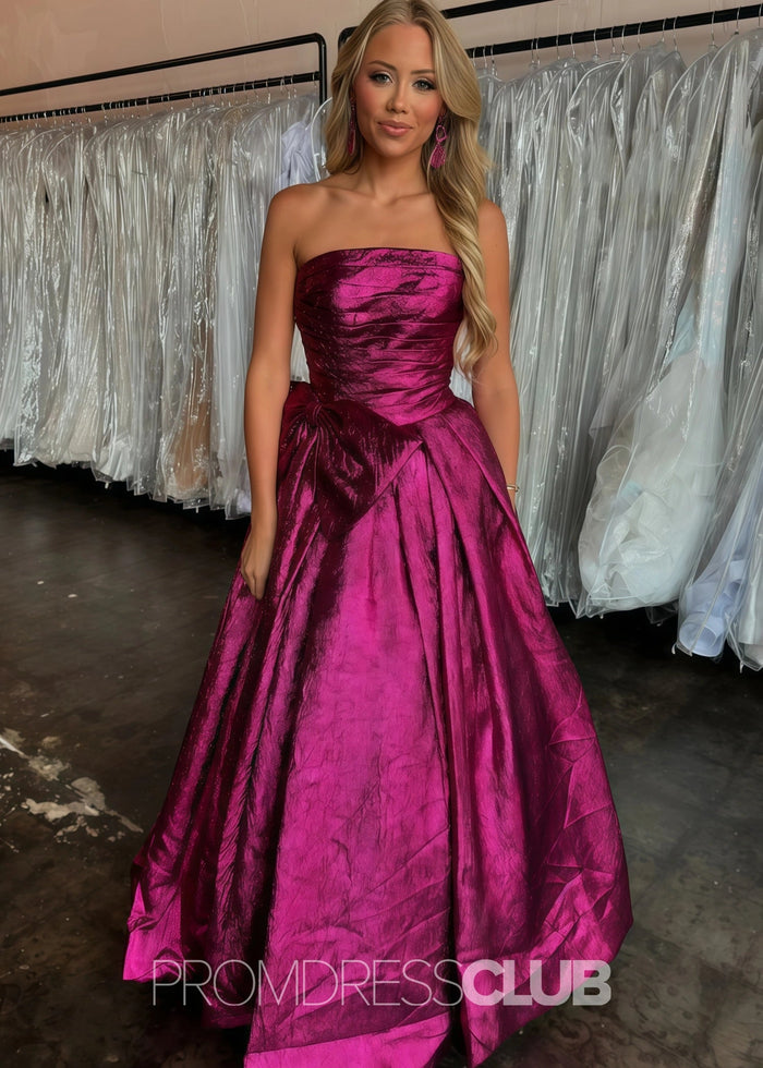 Erica |Long Royal Blue Prom Dress Metallic With A Line Strapless Bow - Fuchsia - PromDressClub