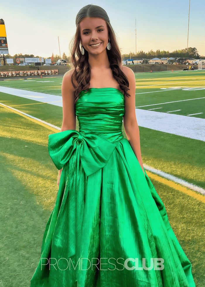 Erica |Long Royal Blue Prom Dress Metallic With A Line Strapless Bow - Green - PromDressClub