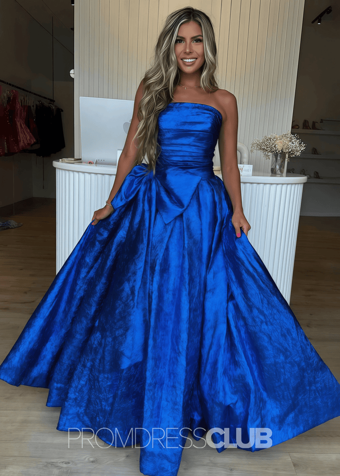 Erica |Long Royal Blue Prom Dress Metallic With A Line Strapless Bow - Royal Blue - PromDressClub