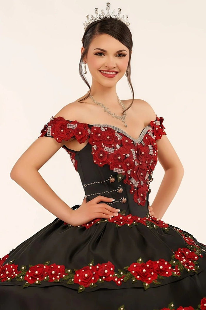 Erin | Stunning Red and Black Flower Quinceanera Dresses with Ruffles - Red - PromDressClub