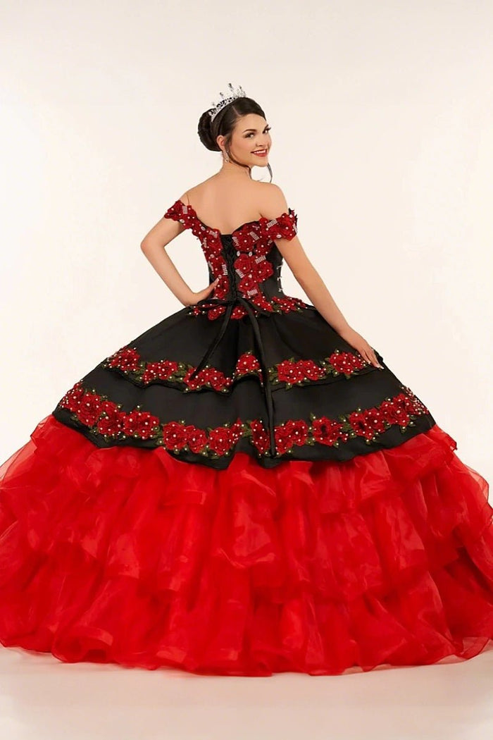 Erin | Stunning Red and Black Flower Quinceanera Dresses with Ruffles - Red - PromDressClub