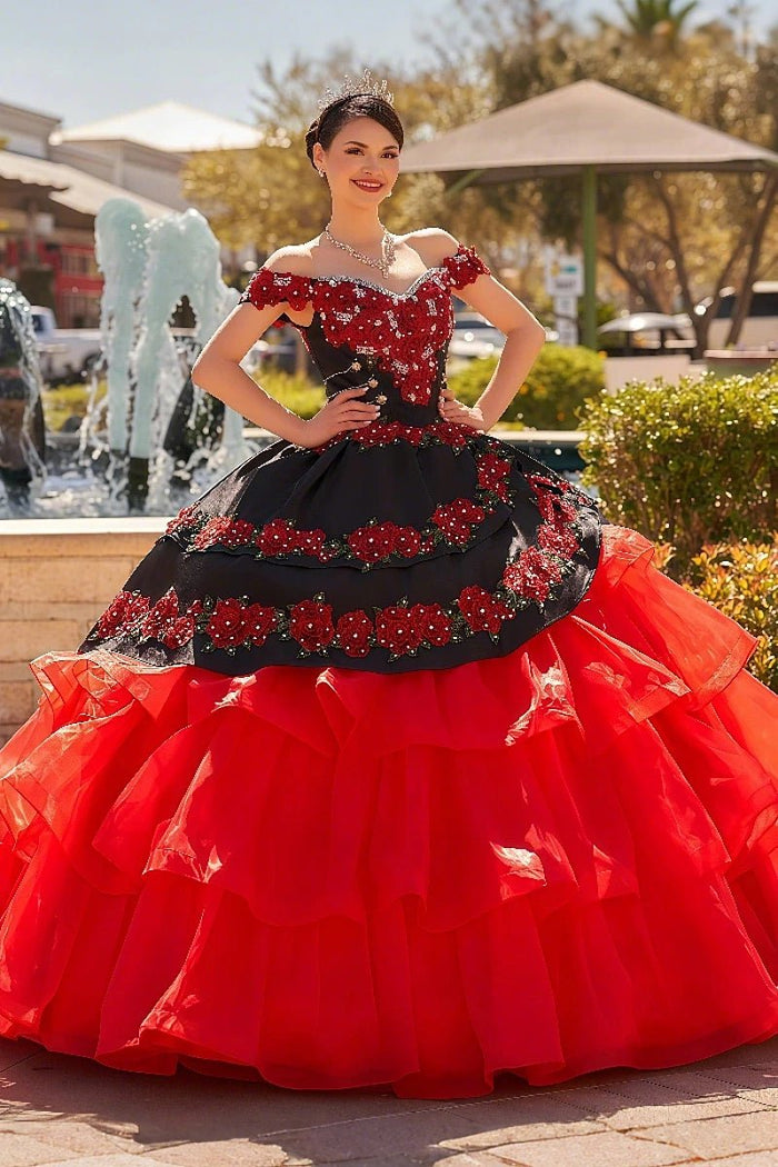 Erin | Stunning Red and Black Flower Quinceanera Dresses with Ruffles - Red - PromDressClub