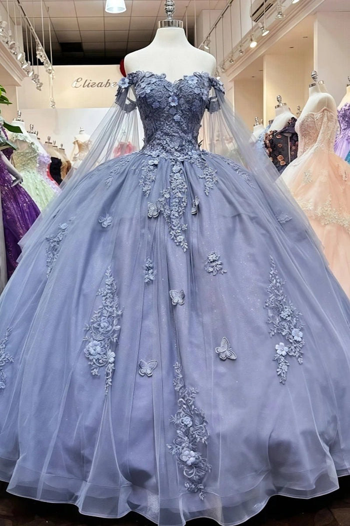 Estelle | Stunning Red/Emerald Green/Dusty Blue Lace Flower Off the Shoulder Quinceanera Dresses - Dusty Blue - PromDressClub