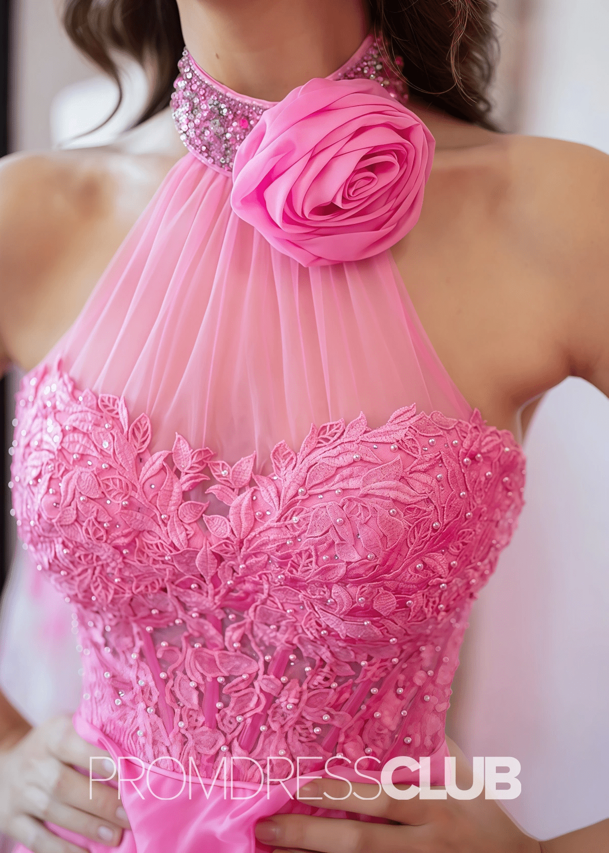 Esther |Long Hot Pink Prom Dress A Line Tulle Halter Neck Tiered Puffy - Hot Pink - PromDressClub