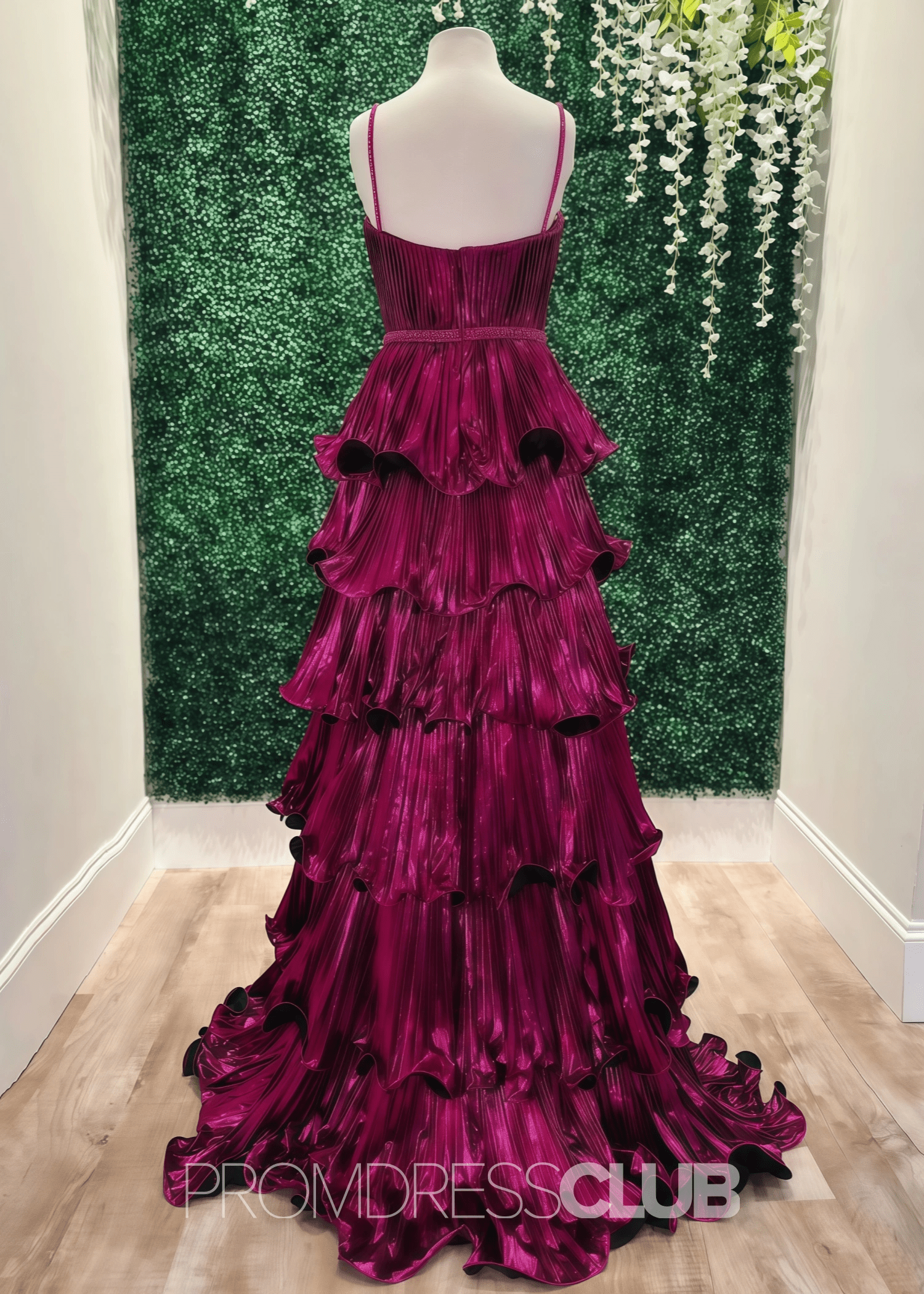 Esther |Long Mulberry Prom Dress Metallic With A Line Sweetheart Spaghetti Straps Tiered - Mulberry - US0 - PromDressClub