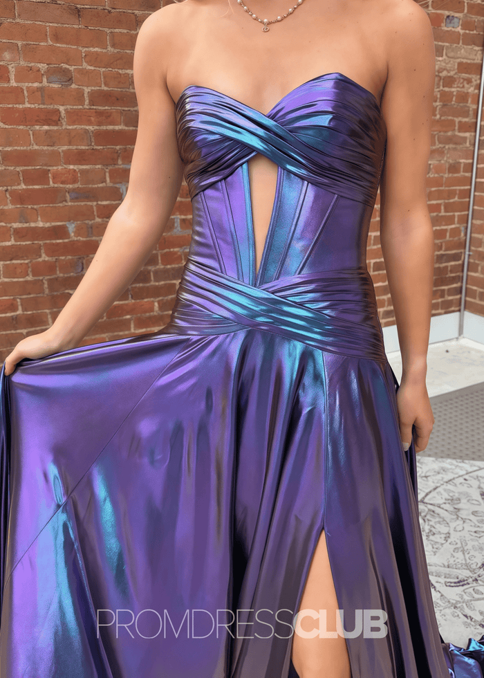Ethel |Green Long Prom Dress Metallic With Mermaid Sweetheart Slit - Purple - PromDressClub
