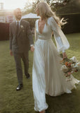 Ethel | Simple A Line White Satin Wedding Dress Long Sleeve Train with V Neck - White - PROMDRESS Club