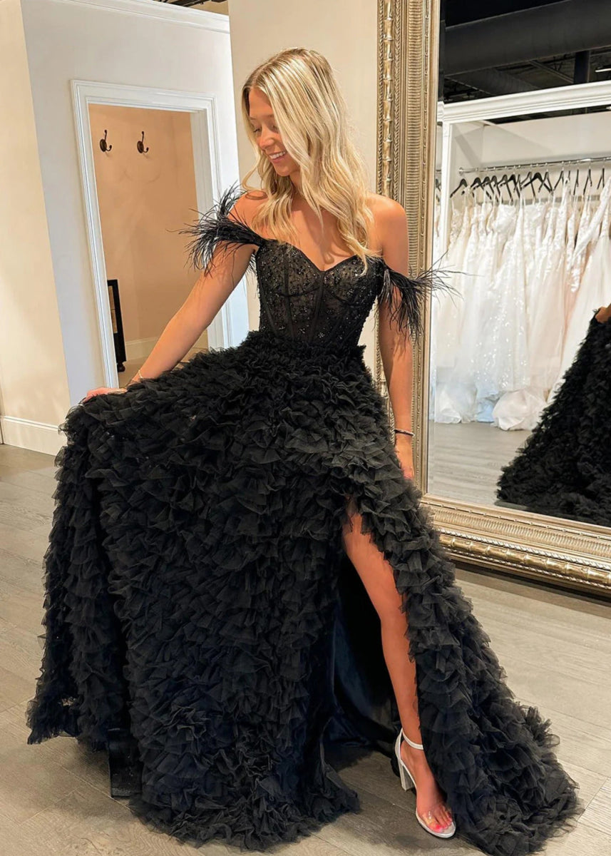 Eudora | Light Pink Red Ball Gown/Princess Off the Shoulder Feather Tulle Formal Dress with Slit - Black - PromDressClub