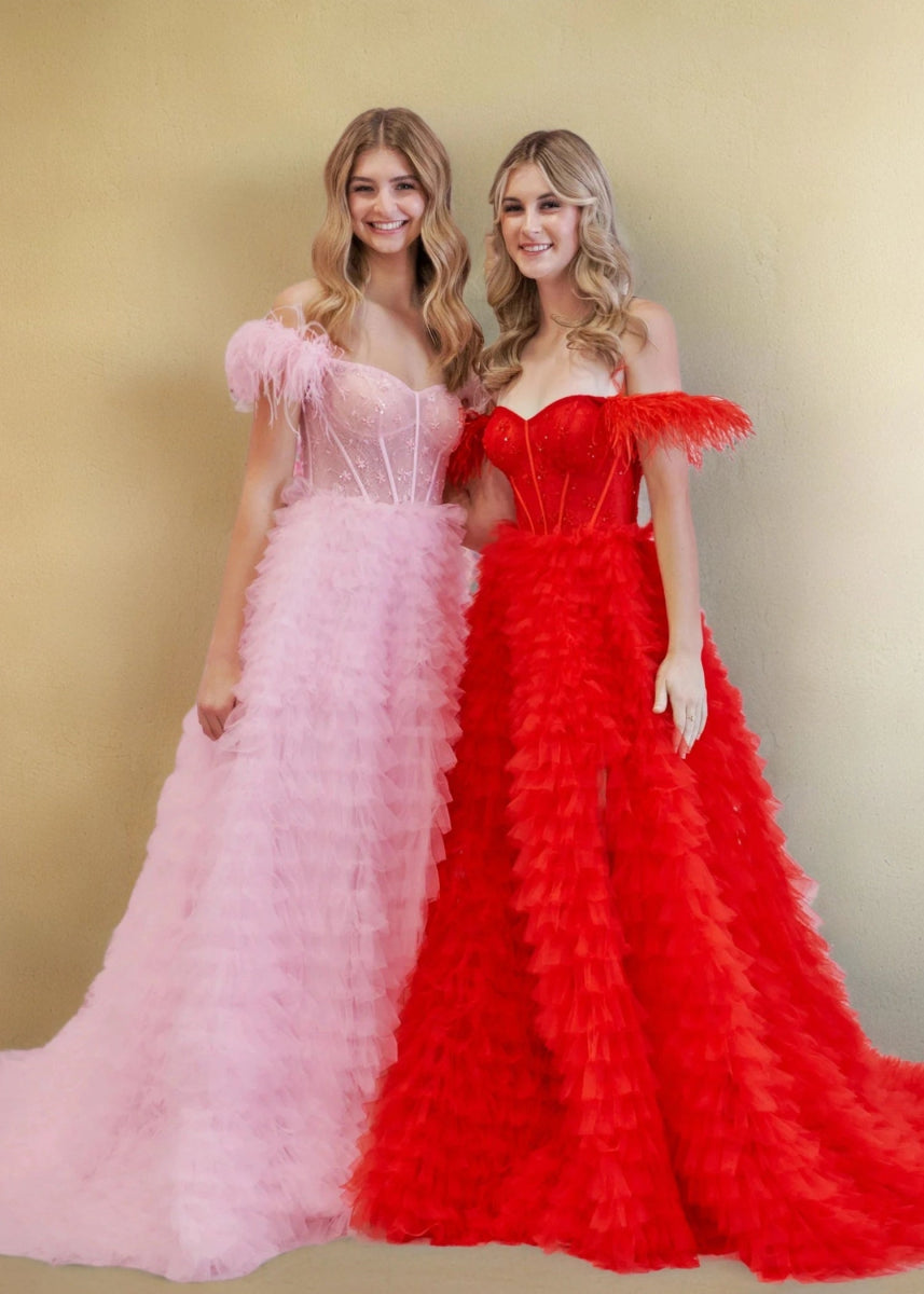 Eudora | Light Pink Red Ball Gown/Princess Off the Shoulder Feather Tulle Formal Dress with Slit - Light Pink - PromDressClub