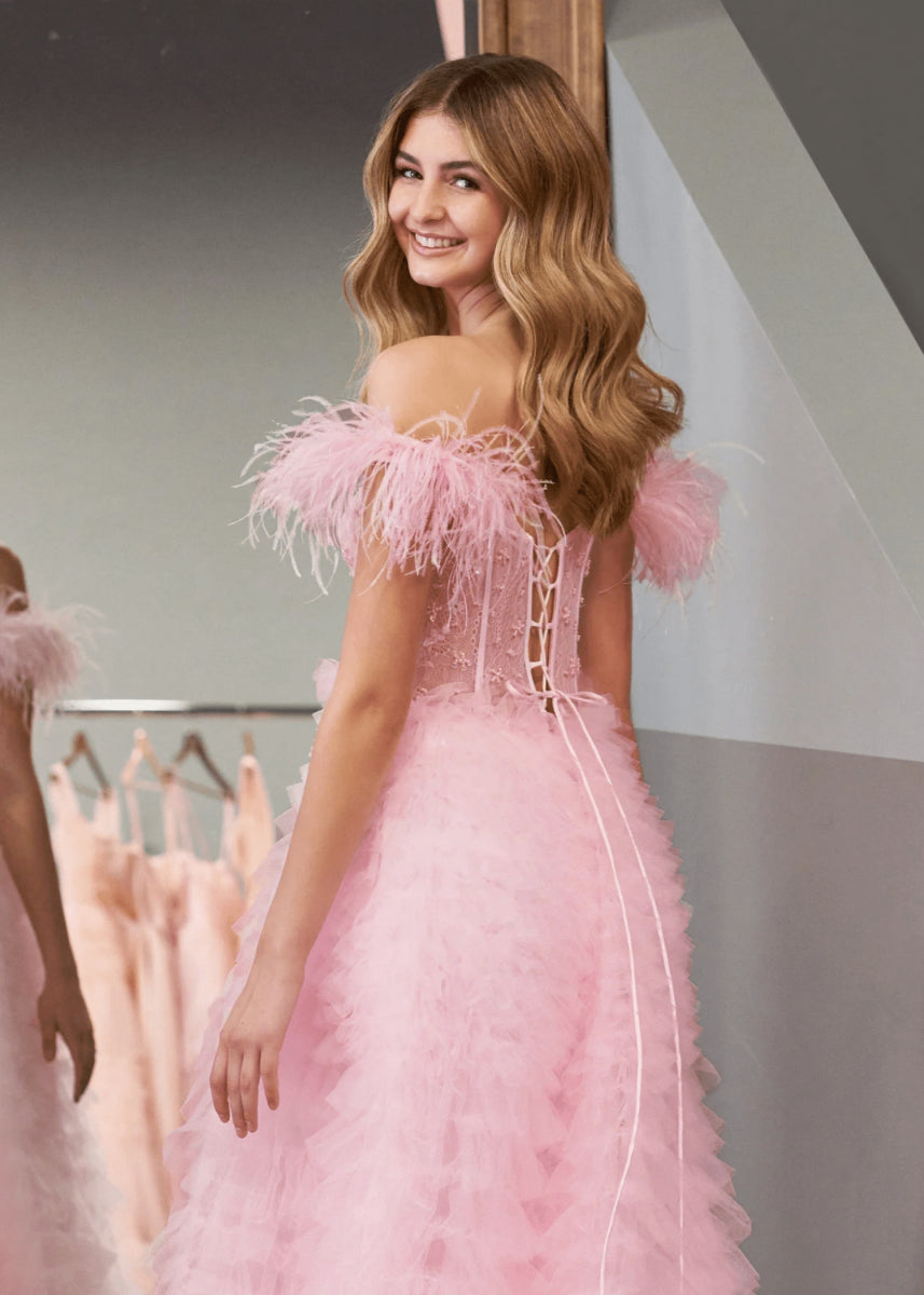 Eudora | Light Pink Red Ball Gown/Princess Off the Shoulder Feather Tulle Formal Dress with Slit - Light Pink - PromDressClub
