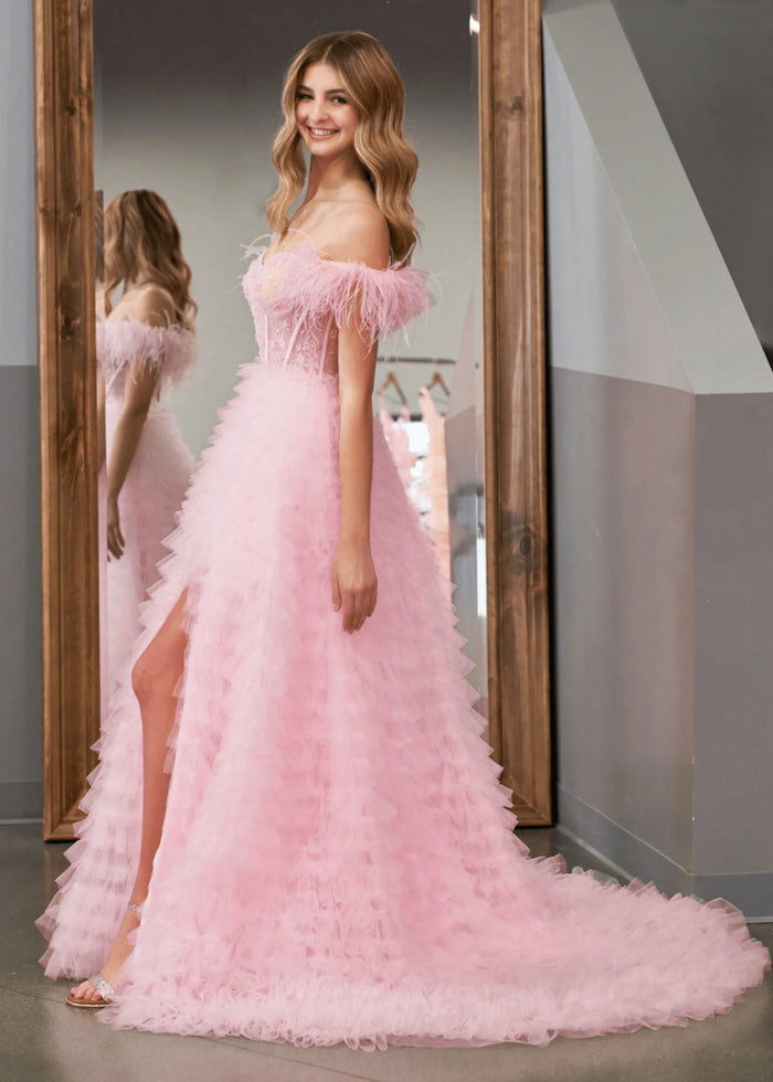 Eudora | Light Pink Red Ball Gown/Princess Off the Shoulder Feather Tulle Formal Dress with Slit - Light Pink - PromDressClub