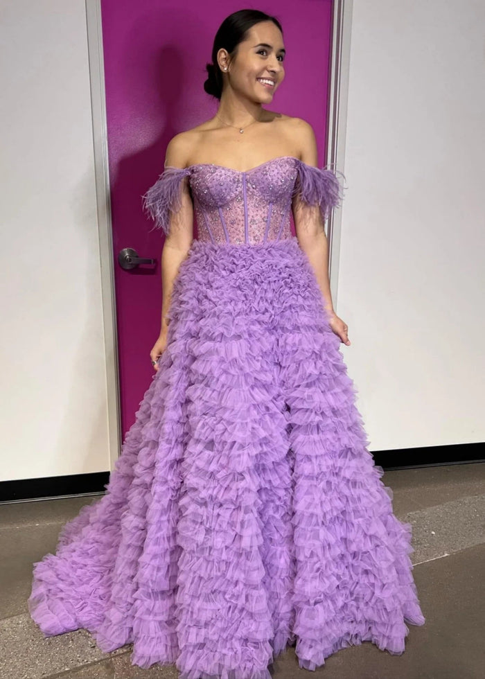 Eudora | Light Pink Red Ball Gown/Princess Off the Shoulder Feather Tulle Formal Dress with Slit - Purple - PromDressClub