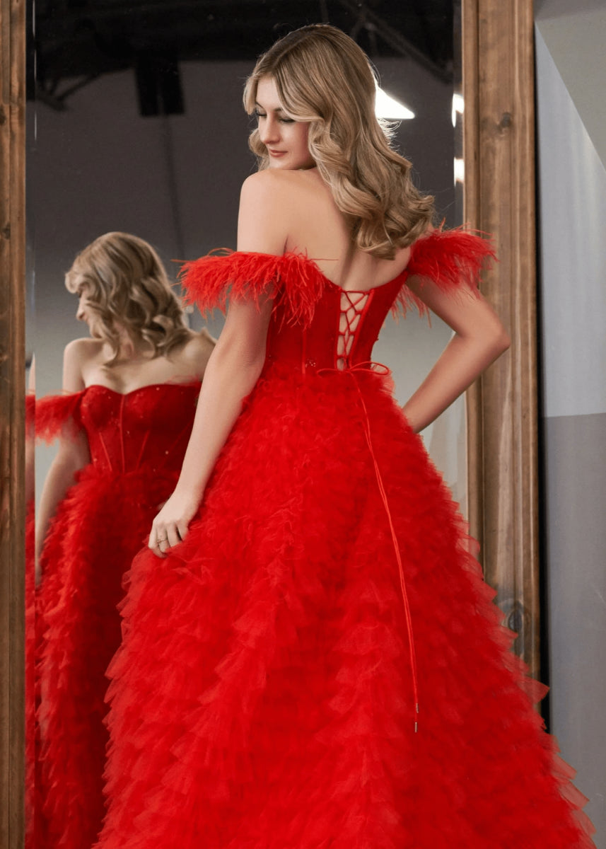 Eudora | Light Pink Red Ball Gown/Princess Off the Shoulder Feather Tulle Formal Dress with Slit - Red - PromDressClub