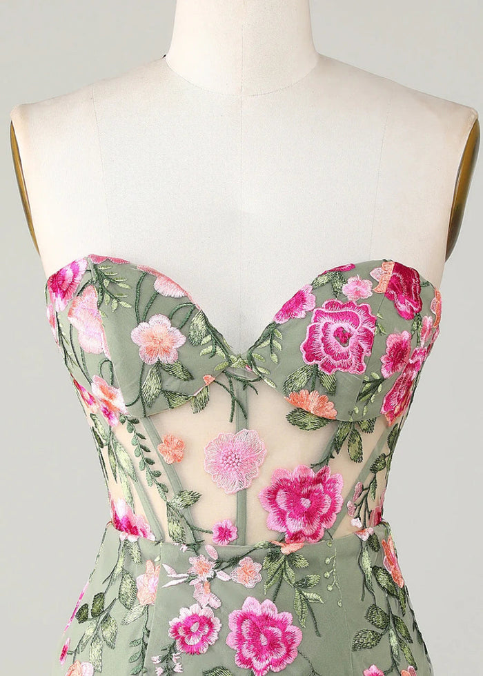 Eulalie | Discover the Perfect Black Homecoming Dress: Floral, Strapless & Backless Elegance - Sage Floral - PromDressClub