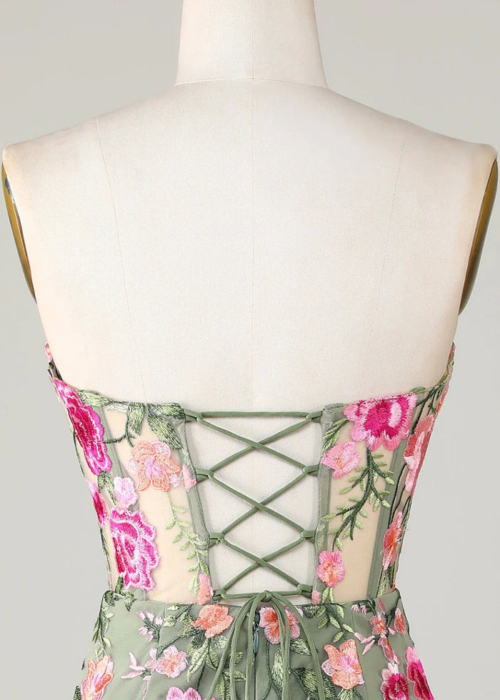 Eulalie | Discover the Perfect Black Homecoming Dress: Floral, Strapless & Backless Elegance - Sage Floral - PromDressClub