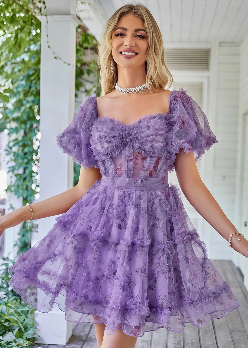 Eurydice | Dreamy Purple Homecoming Dress Floral Off the Shoulder Tulle Gown - Purple Floral - PromDressClub