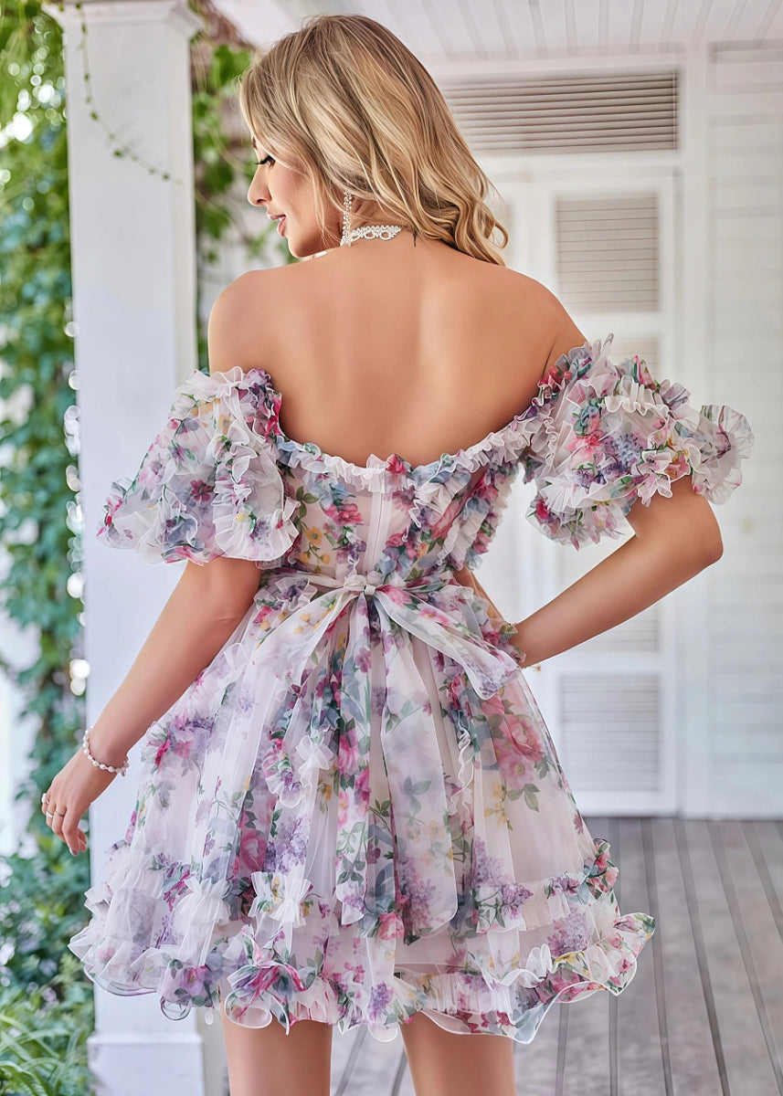 Eurydice | Dreamy Purple Homecoming Dress Floral Off the Shoulder Tulle Gown - White Floral - PromDressClub
