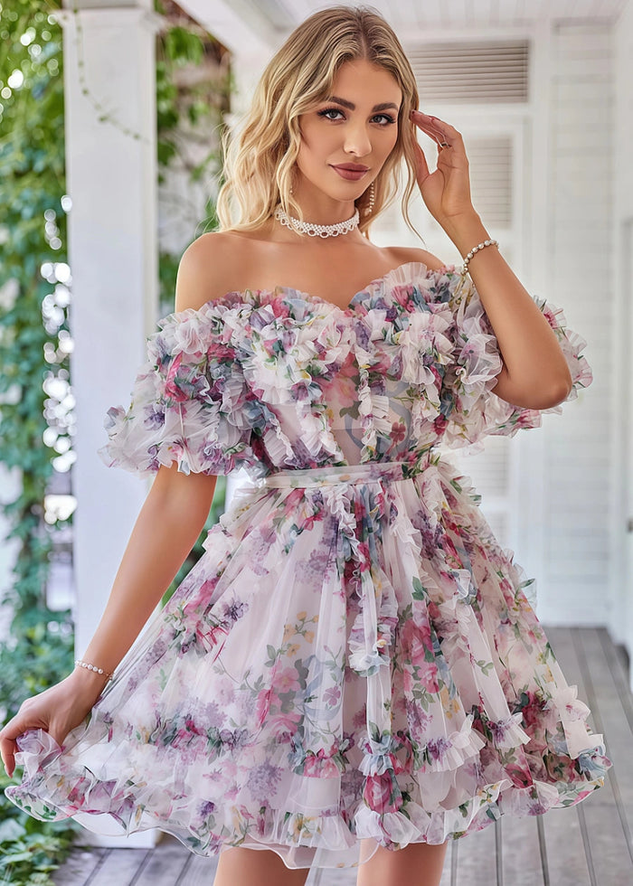 Eurydice | Dreamy Purple Homecoming Dress Floral Off the Shoulder Tulle Gown - White Floral - PromDressClub