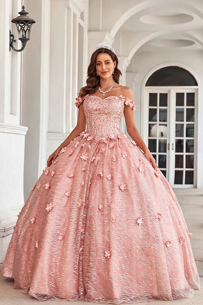 Eve | Gorgeous Glitter Pink Flower Quinceanera Dresses for Unforgettable Events - Pink - PromDressClub